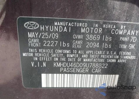 2009 Hyundai Elantra Gls z USA, uszkodzony, nr VIN KMHDU46D09U788822